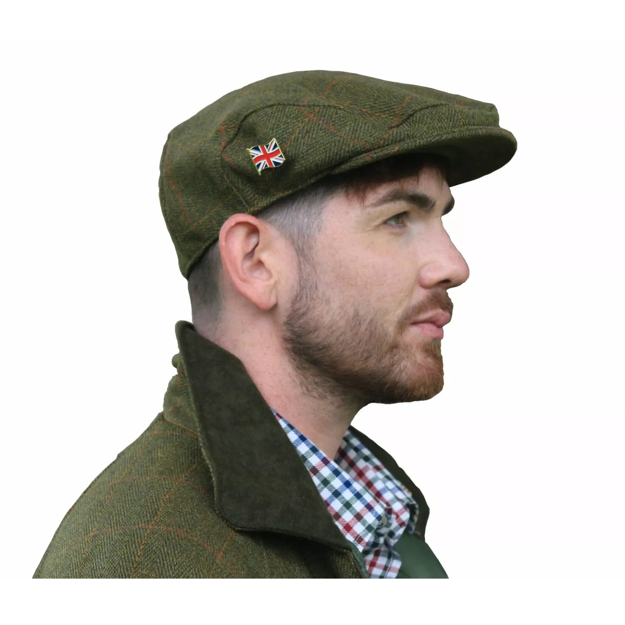 Men's Nicky Adams waterproof tweed flat cap in green with Union Jack pin badge, traditional British country style hat
